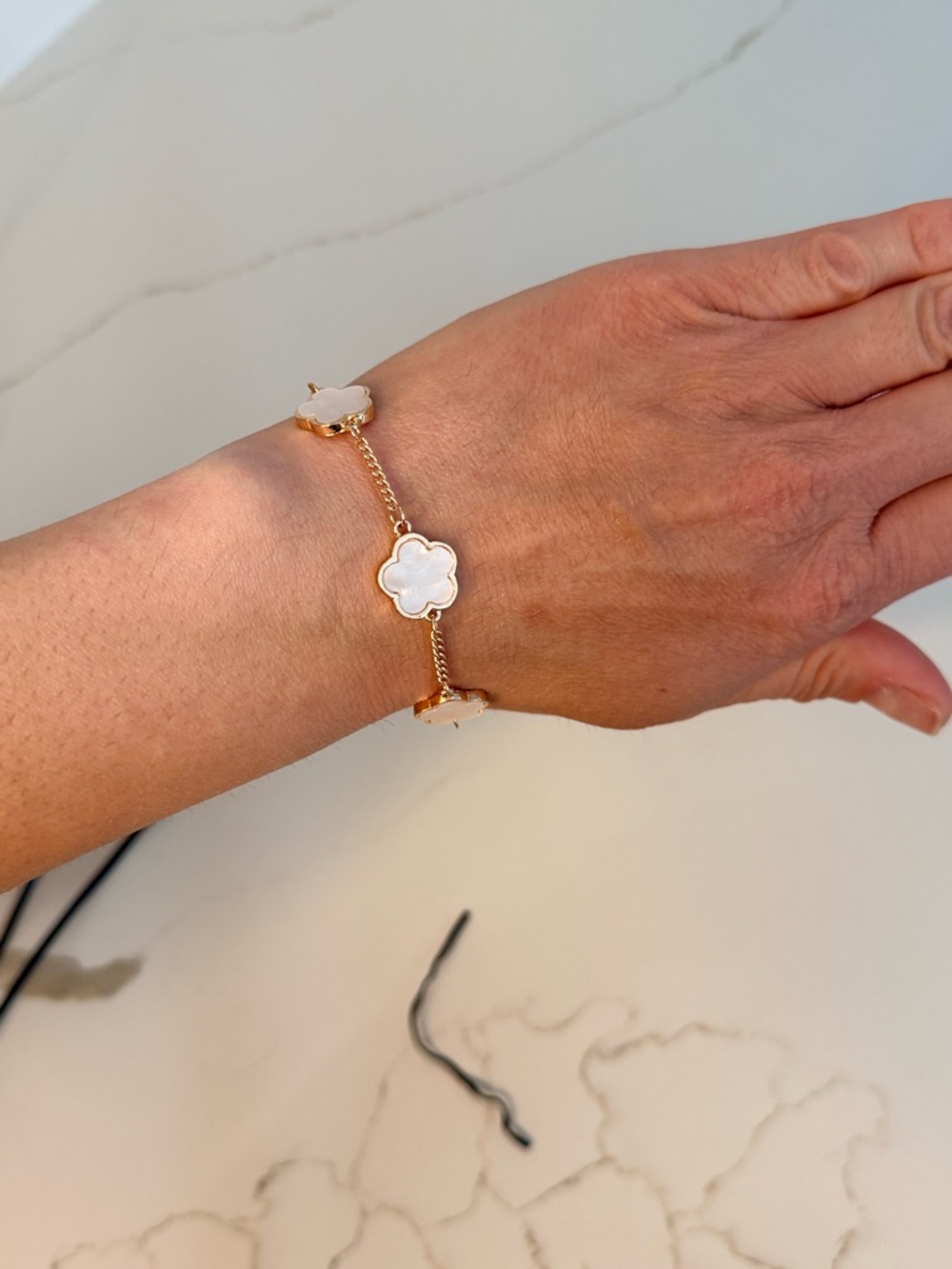 Gold Clover Station Bracelet with Pale Pink Mother-of-Pearl